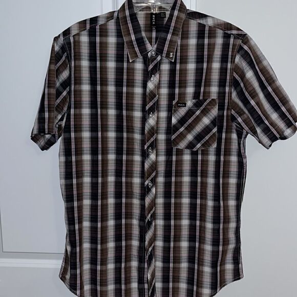 Casual plaid SS RVCA Cotton Blend button down pocket casual work shirt Slim L - Picture 1 of 4